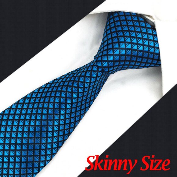 New Blue Black SKINNY Tie Diamonds Stripe Check Plaid Design 100% SILK TIE - Picture 1 of 5